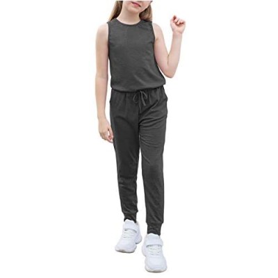 GORLYA Girl's Sleeveless Solid Casual Jumpsuit Rompers Harem Pants Outfits for 4-14T