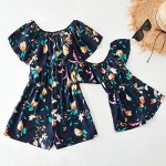 IFFEI Mommy and Me Matching Jumpsuit Dress Off Shoulder Floral Ruffle Printed Casual Short Rompers for Mother and Daughter