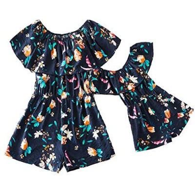 IFFEI Mommy and Me Matching Jumpsuit Dress Off Shoulder Floral Ruffle Printed Casual Short Rompers for Mother and Daughter