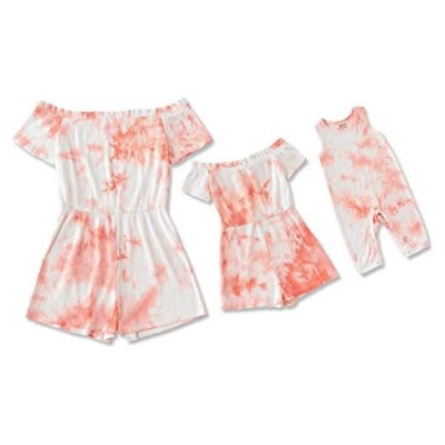 IFFEI Mommy and Me Matching Rompers Short Sleeve Tie-dye Off-Shoulder Jumpsuits for Mother and Daughter