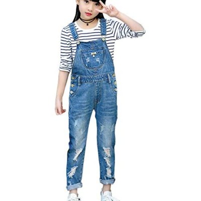 LAVIQK 3-14 Years Kids Big Girls Jumpsuits & Rompers Distressed Bib Denim Overalls Blue Long Jeans Stretchy Ripped Jeans