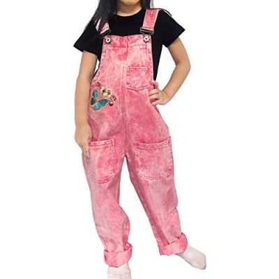 Peacolate 3-16Years Girls Pink Embroidered Denim Overalls Denim Jumpsuits & Rompers Big Girls Pants