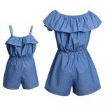 PopReal Mommy and Me Summer Casual Denim Off Shoulder Ruffles Elastic Short Jumpsuit Rompers