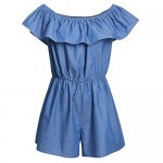 PopReal Mommy and Me Summer Casual Denim Off Shoulder Ruffles Elastic Short Jumpsuit Rompers