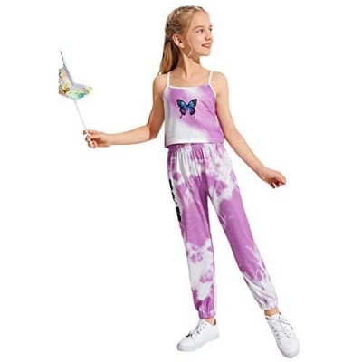 Romwe Gril's 2 Piece Sweatpant Outfit Tie Dye Cami Crop Top and Jogger Pants Set