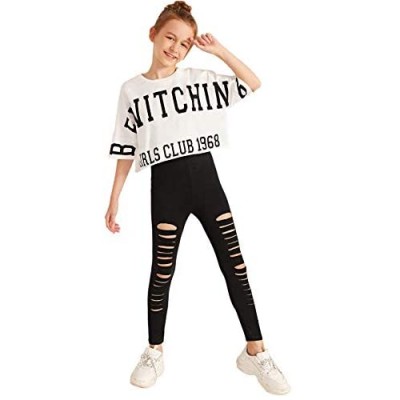 Romwe Gril's Graphic Print Short Sleeve Crop Top and Ripped Legging Pants Set 2 Piece Outfit
