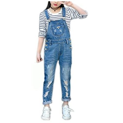 Sitmptol Girls Big Kid Distressed Bib Overalls Blue BF Style Cuffed Denim Long Jeans 1P