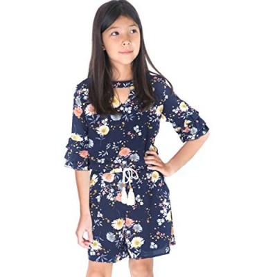 Smukke  Big Girls Tween Floral Printed Tier Ruffle Sleeves Romper (Many Options) with Pockets  7-16