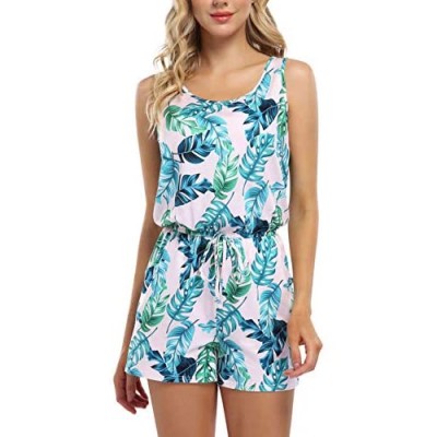 Urparcel Women's Summer Sleeveless Print Rompers Casual Baggy Short Jumpsuit with Pockets