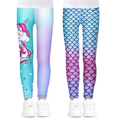 Girls Stretch Leggings Kids Mermaid Unicorn Print Ankle-Length Pants Tights  2 Pack  Size 4-13