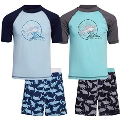 Big Chill Boys' Rash Guard Set - 2 Pack UPF 50+ Short Sleeve Swim Shirt and Bathing Suit Swimsuit Set (Little Boy/Big Boy)