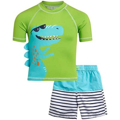 Wippette Boys 2-Piece UPF 50+ Rash Guard and Swimsuit Trunk Dinosaurs Set (Infant/Toddler/Little Boy)