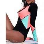 Aleumdr Womens Zip Front Long Sleeve Rashguard Shirt Color Block Print Tankini Swimsuit No Bottom