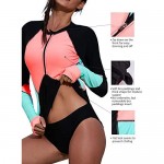 Aleumdr Womens Zip Front Long Sleeve Rashguard Shirt Color Block Print Tankini Swimsuit No Bottom