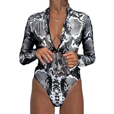 Aleumdr Womens Zip Front Printed Half Sleeve/Long Sleeve One Piece Swimsuit Swimwear S-XXL