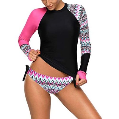 AlvaQ Women Long Sleeve Color Block Print Rash Guard Tankini Swimsuit(S-XXXL)