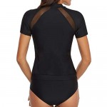 AnnJo Women 2 Piece Black Mesh Long Sleeve Zip Front Surf Rashguard Swimsuit