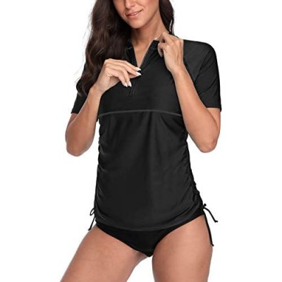ATTRACO Women Short Sleeve Rash Guard Half-Zip Adjustable Drawstring UPF 50 Swim Shirt