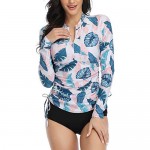 Daci Women Pink Leaves Rash Guard Long Sleeve Swimsuit UPF 50 Zipper Side Adjustable Swim Shirt No Bottom