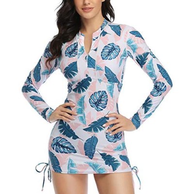 Daci Women Pink Leaves Rash Guard Long Sleeve Swimsuit UPF 50 Zipper Side Adjustable Swim Shirt No Bottom