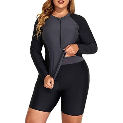 Daci Women Plus Size Long Sleeve Rash Guard Zip Front Athletic Tankini 2 Piece Swimsuits UPF 50