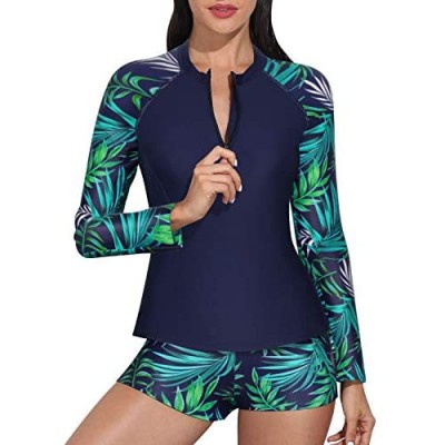 Daci Women Rash Guard Long Sleeve Zipper Boy Shorts Swimsuit UPF 50 Bathing Suit