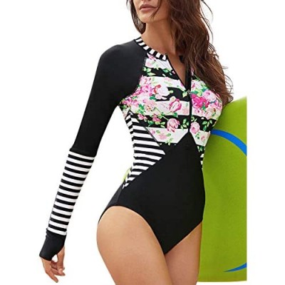 Eytino Women Long Sleeve Rash Guard UV Protection Printed Zipper Surfing One Piece Swimsuit Bathing Suit(S-3XL)