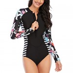 NESY Womens Long Sleeve Rash Guard Zipper Swimsuit Floral Printed Surfing One Piece Swimwear Sun Protection Bathing Suit