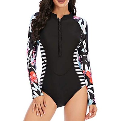 NESY Womens Long Sleeve Rash Guard Zipper Swimsuit Floral Printed Surfing One Piece Swimwear Sun Protection Bathing Suit