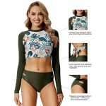 Peddney Women Two Pieces Long Sleeve Rash Guard Set Crop Top Surf Swimsuit with Bikini Briefs