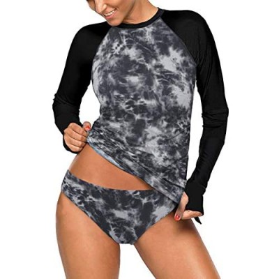 REKITA Womens Long Sleeve Rashguard Shirt Color Block Print Tankini Swimsuit