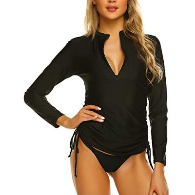 Sheshow Women's Rash Guard Sun Protection UV Surf Tops Long Sleeve Swim Shirt Zipper Adjustable