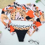 tengweng Women's Swim Shirt Rashguard Long Sleeve Crop Top with Triangle Bikini Bottom Leopard Swimwear