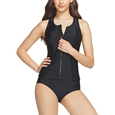 TSLA Women's Sleeveless Rash Guard Swimwear  UPF 50+ Zip Front Tankini Swim Shirts  Quick Dry Swimsuit Top with Built in Bra