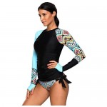 Women's Long Sleeves Rash Guard Athletic Swim Aztec Tankini Sets Swimsuit
