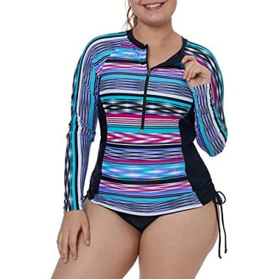 XAKALAKA Women's Plus Size Zip-Front Multicolor Striped Long Sleeve Tankini Rashguard Top S-XXXL