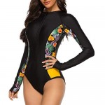 Zando Womens One Piece Swimsuits for Women Long Sleeve Rash Guard Zip Floral Athletic Swim Wear UPF 50+ Bathing Suit