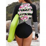 ZESICA Women's Long Sleeve Floral Printed Zip Front Rashguard One Piece Swimsuit Sun Protection Surfing Swimwear Bathing Suit