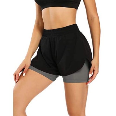 FIRST WAY Women's Athletic Running 2 in 1 Shorts with Pocket Drawstring Workout Traning Jogging Cycling Sports Shorts