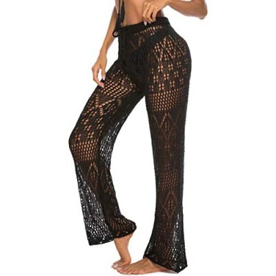 Ayliss Women Crochet Lace Swim Pants Knitted Hollow Out Cover Up Pants High Waist Fishnet Swimsuit Beach Pants
