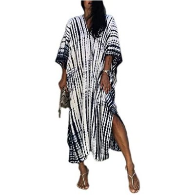 Bsubseach Women Print Beach Kaftan Dress Short Sleeve Plus Size Bathing Suit Cover Ups