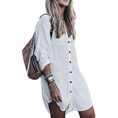 Chalier Loose Long Sleeve Swimsuit Cover Ups for Women Button Down Sleep Shirt Dress Beach Cover Up