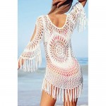 CUPSHE Women's Cover Up Blue Crochet Hollow Out Tassel Swimsuit Three Quarter Sleeve