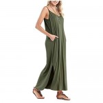 HUSKARY Women's Summer Casual Sleeveless V Neck Strappy Split Loose Dress Beach Cover Up Long Cami Maxi Dresses with Pocket