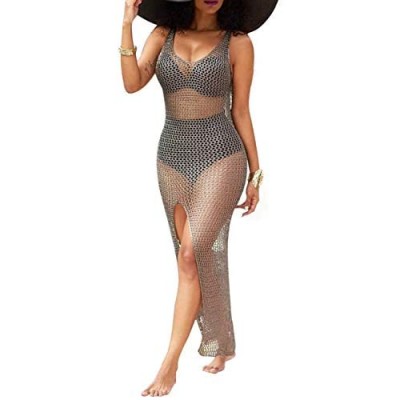 PerZeal Women's Sexy Sleeveless Swimsuit Cover Ups Sheer Crochet Plus Size Beach Bikini See Through Swimwear Maxi Dresses