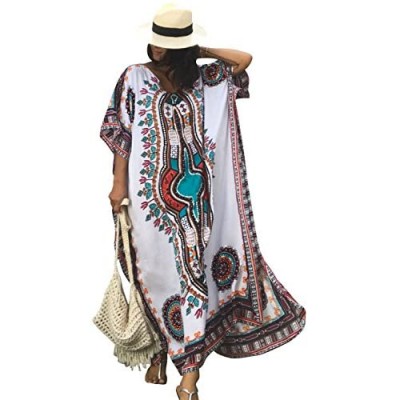 SMUDGE Life Women's White Ethnic Print Kaftan Maxi Dress Summer Beach Dress