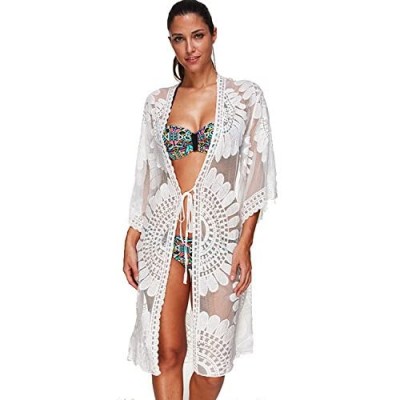 Swimsuit Coverups Ladies Sexy Bikini Cover up for Beach Bathing See-Through White Floral Lace Plus Size fit All