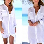 Women Sexy Vogue Button Down Shirts Crinkle Chiffon Bathing Suit Cover up Beachwear