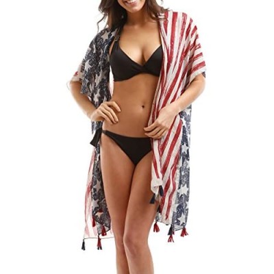 Women's Summer American Flag Beach Cover up Poncho Tunic Top Scarf Wrap.