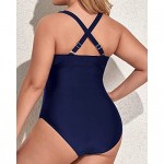 Aqua Eve Women Plus Size One Piece Swimsuits V Neck Tummy Control Bathing Suits Front Cross Swimwear